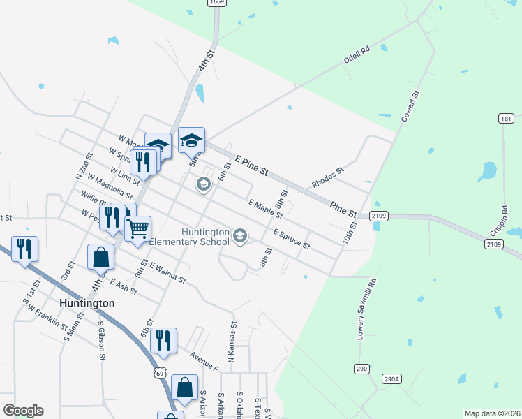 map of restaurants, bars, coffee shops, grocery stores, and more near 419 East Maple Street in Huntington