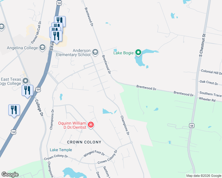 map of restaurants, bars, coffee shops, grocery stores, and more near 11 Columbia Court in Lufkin