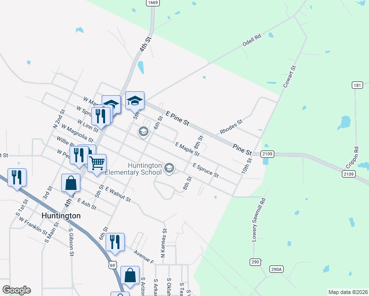 map of restaurants, bars, coffee shops, grocery stores, and more near 419 East Maple Street in Huntington