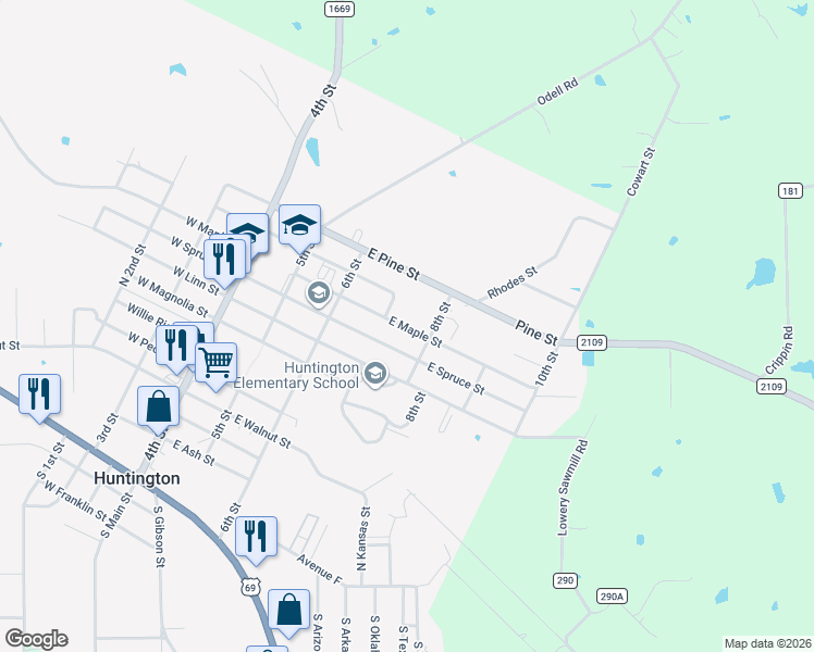 map of restaurants, bars, coffee shops, grocery stores, and more near 419 East Maple Street in Huntington