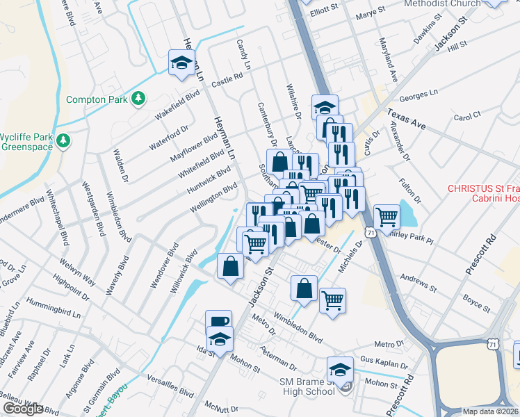 map of restaurants, bars, coffee shops, grocery stores, and more near 4008 Parliament Drive in Alexandria