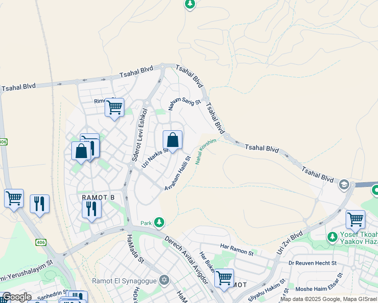 map of restaurants, bars, coffee shops, grocery stores, and more near 20 Avraham Halili Street in Be'er Sheva