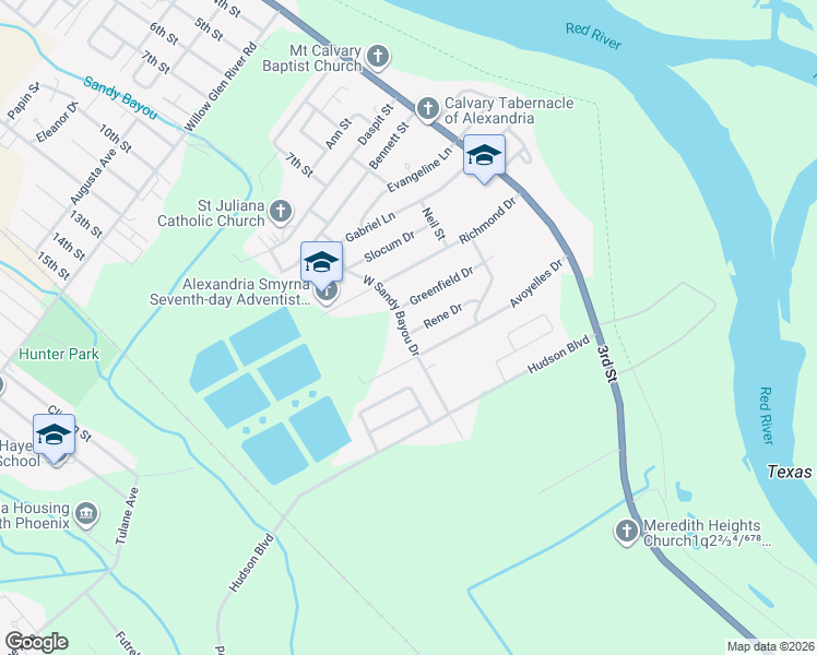 map of restaurants, bars, coffee shops, grocery stores, and more near 5104 West Sandy Bayou Drive in Alexandria