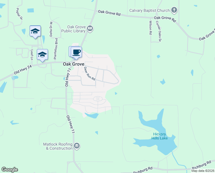 map of restaurants, bars, coffee shops, grocery stores, and more near 94 Deer Run Road in Hattiesburg