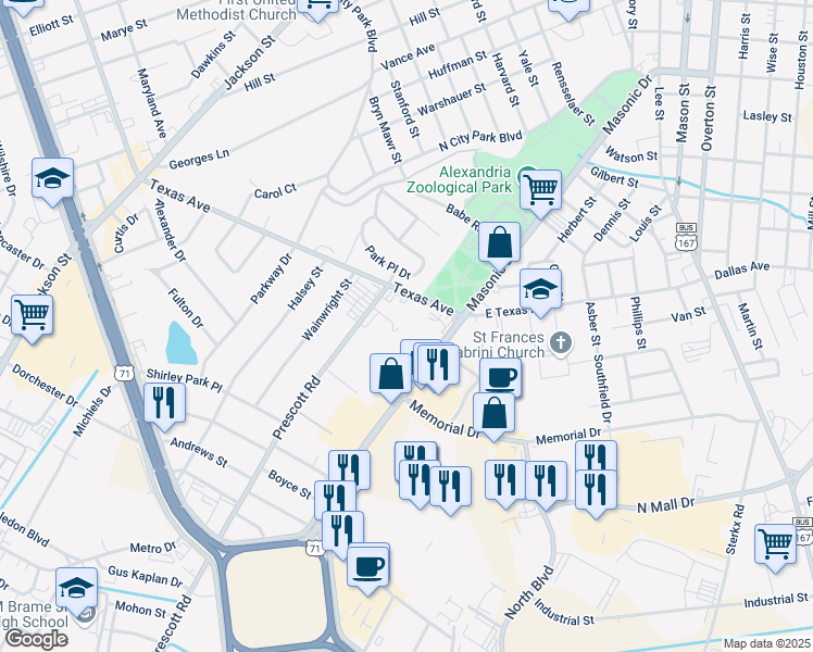 map of restaurants, bars, coffee shops, grocery stores, and more near 3330 Masonic Drive in Alexandria