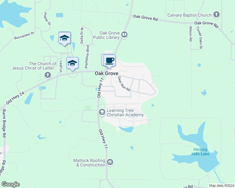 map of restaurants, bars, coffee shops, grocery stores, and more near 44 Hickory Knoll in Hattiesburg