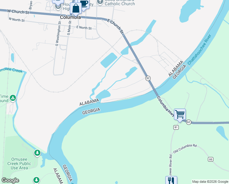 map of restaurants, bars, coffee shops, grocery stores, and more near 134 River Road in Columbia