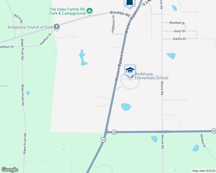 map of restaurants, bars, coffee shops, grocery stores, and more near 1608 Western Bypass in Andalusia