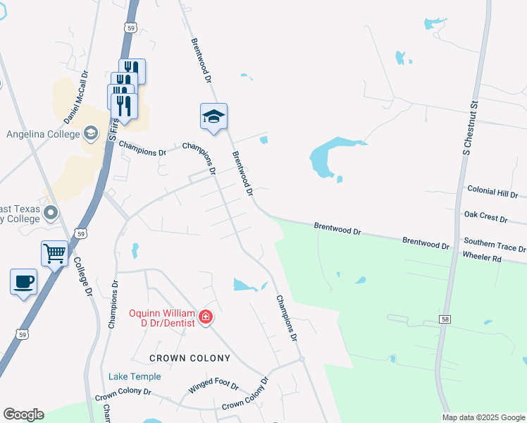 map of restaurants, bars, coffee shops, grocery stores, and more near 1300 Brentwood Drive in Lufkin