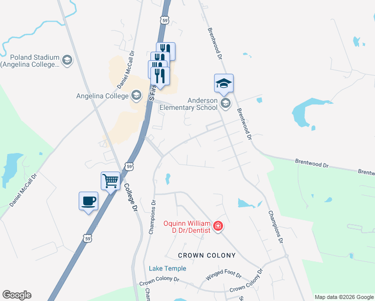 map of restaurants, bars, coffee shops, grocery stores, and more near 4 Colonial Court in Lufkin