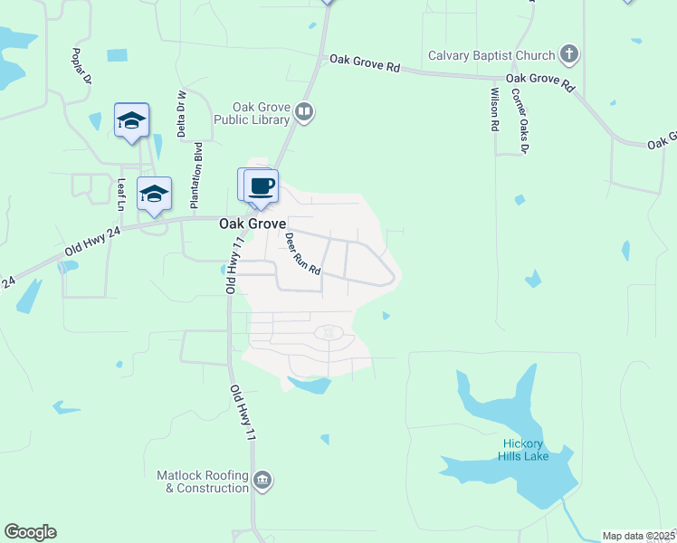 map of restaurants, bars, coffee shops, grocery stores, and more near 105 Deer Run Road in Hattiesburg