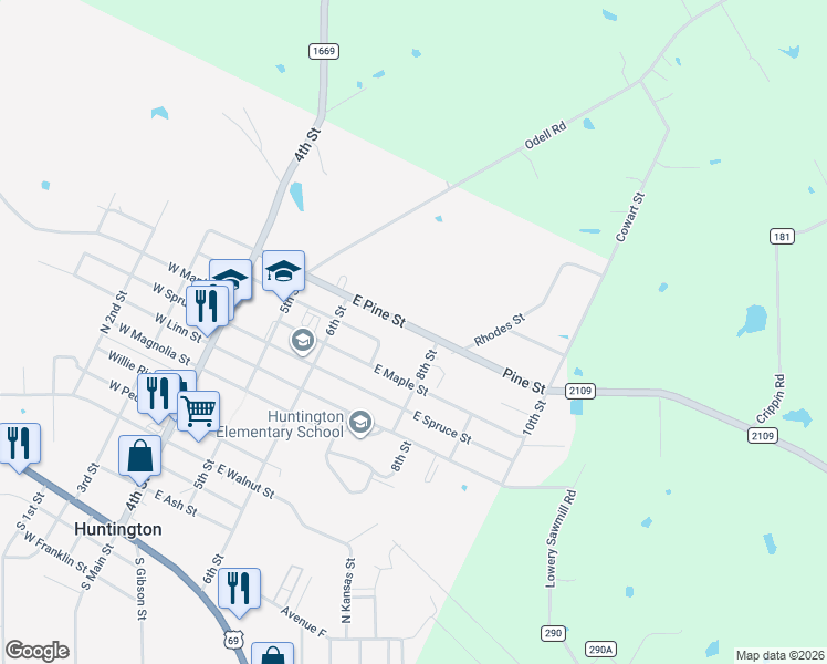 map of restaurants, bars, coffee shops, grocery stores, and more near 219 East Pine Street in Huntington