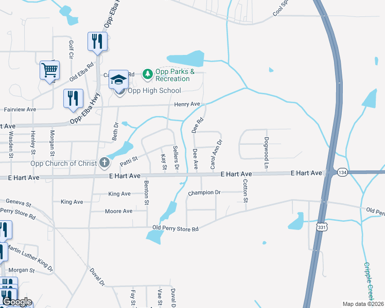 map of restaurants, bars, coffee shops, grocery stores, and more near 200 Dee Avenue in Opp