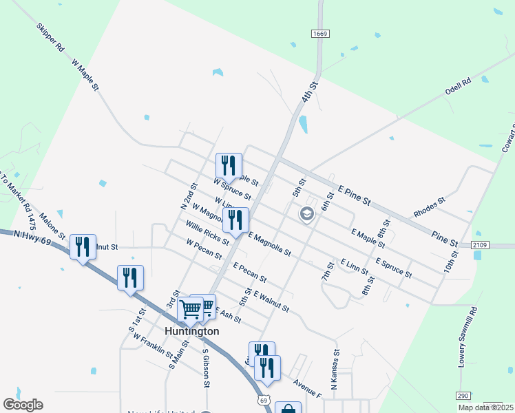 map of restaurants, bars, coffee shops, grocery stores, and more near 906 North Main Street in Huntington