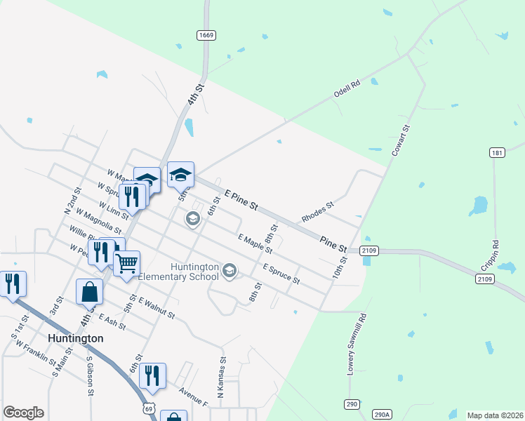 map of restaurants, bars, coffee shops, grocery stores, and more near 219 East Pine Street in Huntington