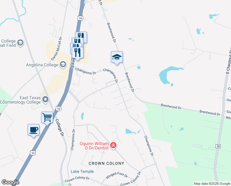 map of restaurants, bars, coffee shops, grocery stores, and more near 22 Glenview Court in Lufkin