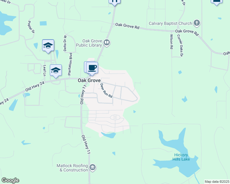 map of restaurants, bars, coffee shops, grocery stores, and more near 105 Deer Run Road in Hattiesburg