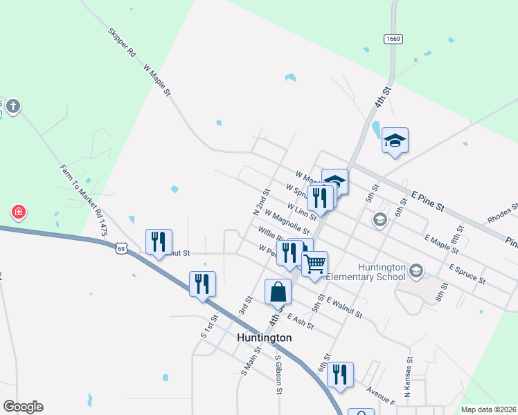 map of restaurants, bars, coffee shops, grocery stores, and more near 690 North 2nd Street in Huntington