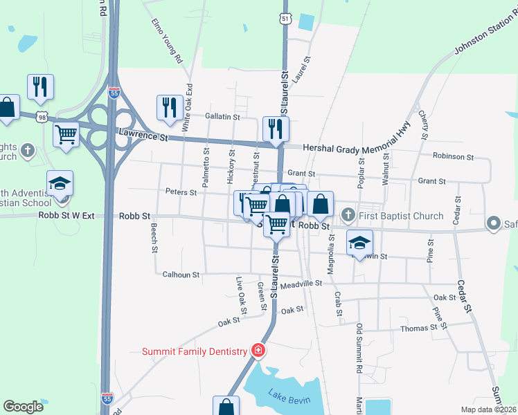 map of restaurants, bars, coffee shops, grocery stores, and more near 710 Robb Street in Summit