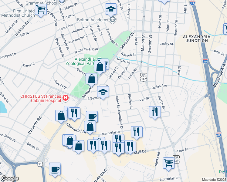 map of restaurants, bars, coffee shops, grocery stores, and more near 2107-2199 East Texas Avenue in Alexandria