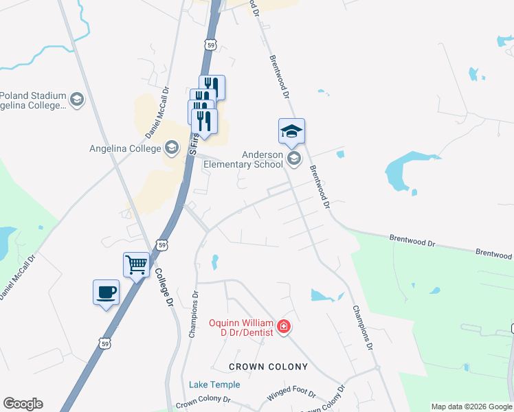 map of restaurants, bars, coffee shops, grocery stores, and more near 4 Colonial Court in Lufkin