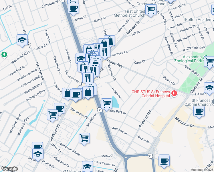 map of restaurants, bars, coffee shops, grocery stores, and more near 1512 Fulton Drive in Alexandria