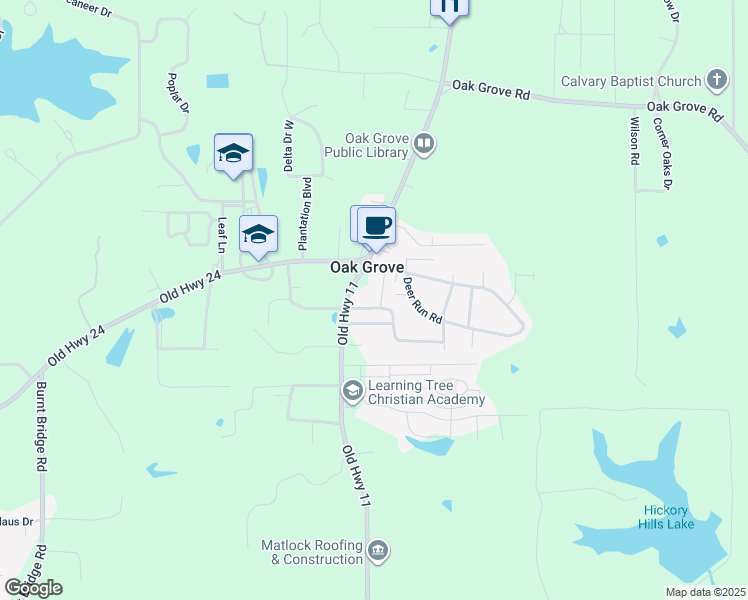 map of restaurants, bars, coffee shops, grocery stores, and more near 116 Oakcrest Drive in Hattiesburg