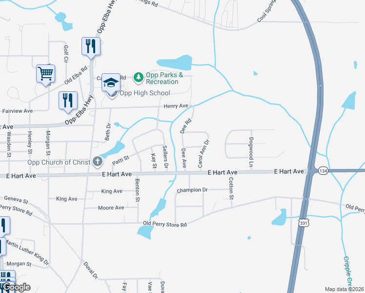 map of restaurants, bars, coffee shops, grocery stores, and more near 200 Dee Avenue in Opp
