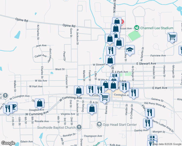 map of restaurants, bars, coffee shops, grocery stores, and more near 117-123 Lillie Street in Opp