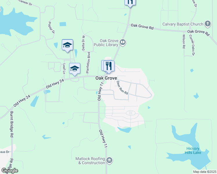 map of restaurants, bars, coffee shops, grocery stores, and more near 122 Oakcrest Drive in Hattiesburg