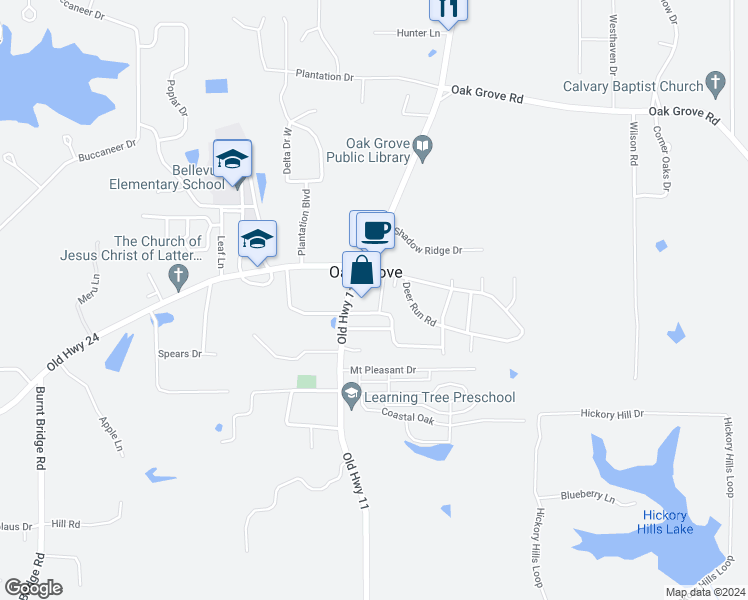 map of restaurants, bars, coffee shops, grocery stores, and more near 128 Oakcrest Drive in Hattiesburg