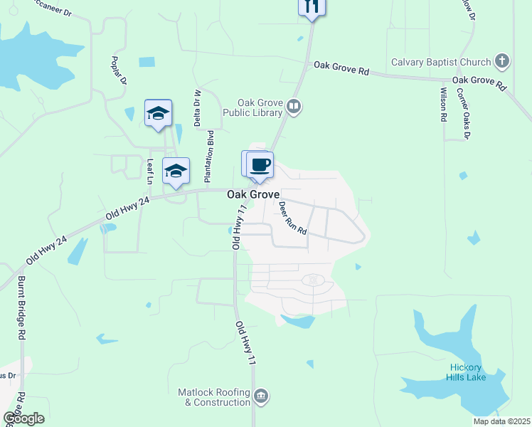 map of restaurants, bars, coffee shops, grocery stores, and more near 135 Oakcrest Drive in Hattiesburg