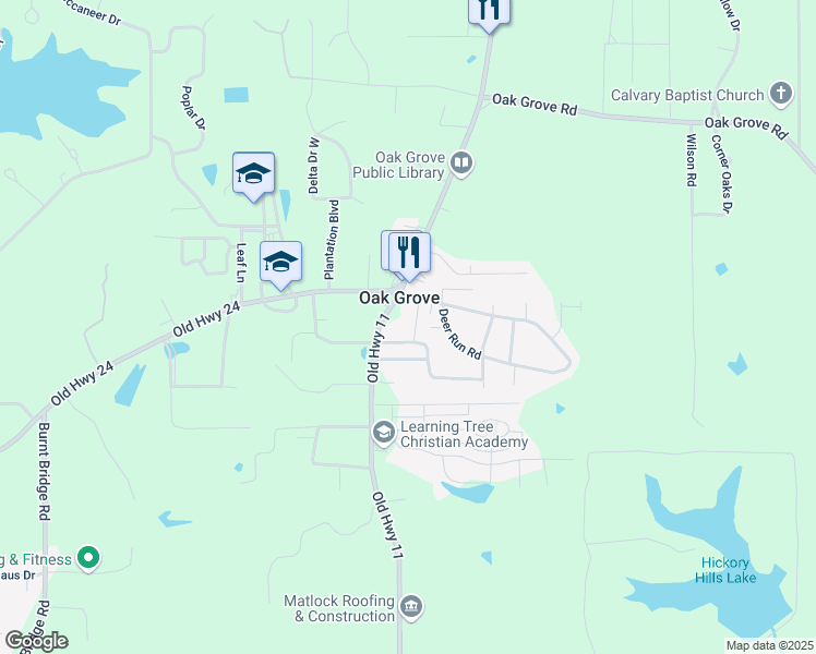 map of restaurants, bars, coffee shops, grocery stores, and more near 132 Oakcrest Drive in Hattiesburg