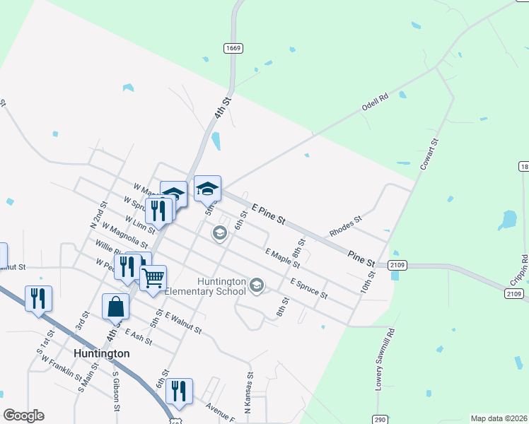 map of restaurants, bars, coffee shops, grocery stores, and more near 219 East Pine Street in Huntington