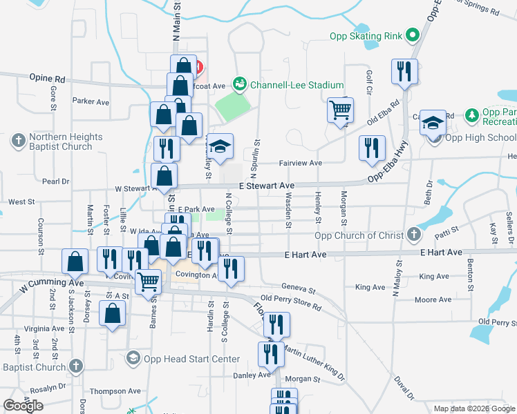 map of restaurants, bars, coffee shops, grocery stores, and more near 300 North Spurlin Street in Opp