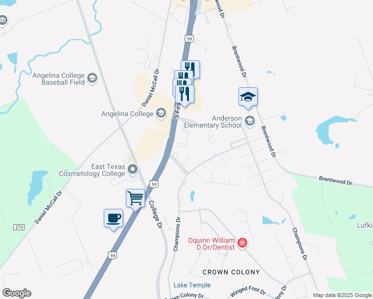 map of restaurants, bars, coffee shops, grocery stores, and more near 110 Champions Drive in Lufkin