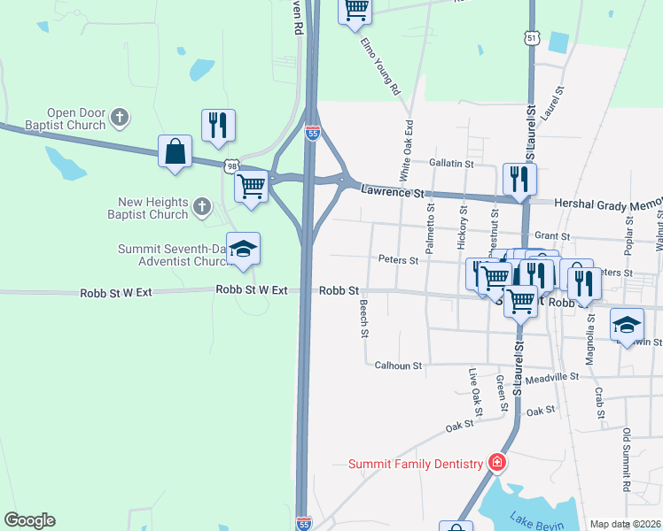 map of restaurants, bars, coffee shops, grocery stores, and more near 203 Peters Street in Summit