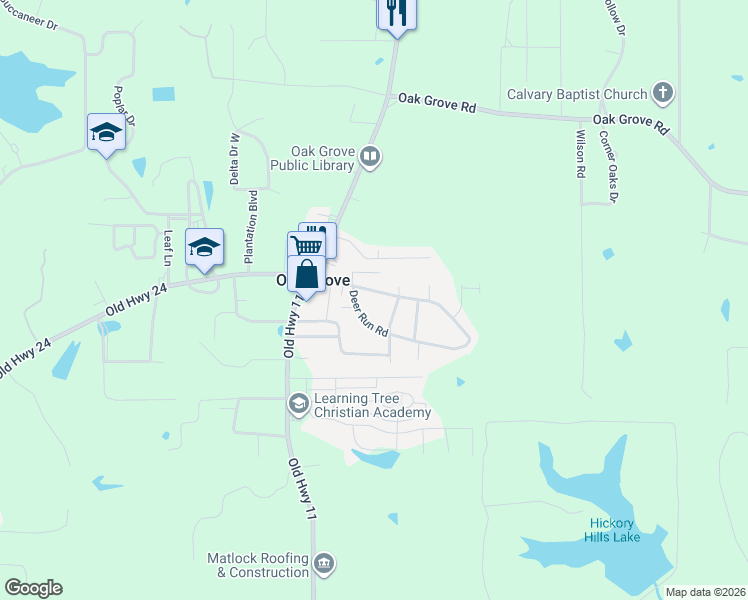 map of restaurants, bars, coffee shops, grocery stores, and more near 29 Deer Run Rd in Hattiesburg