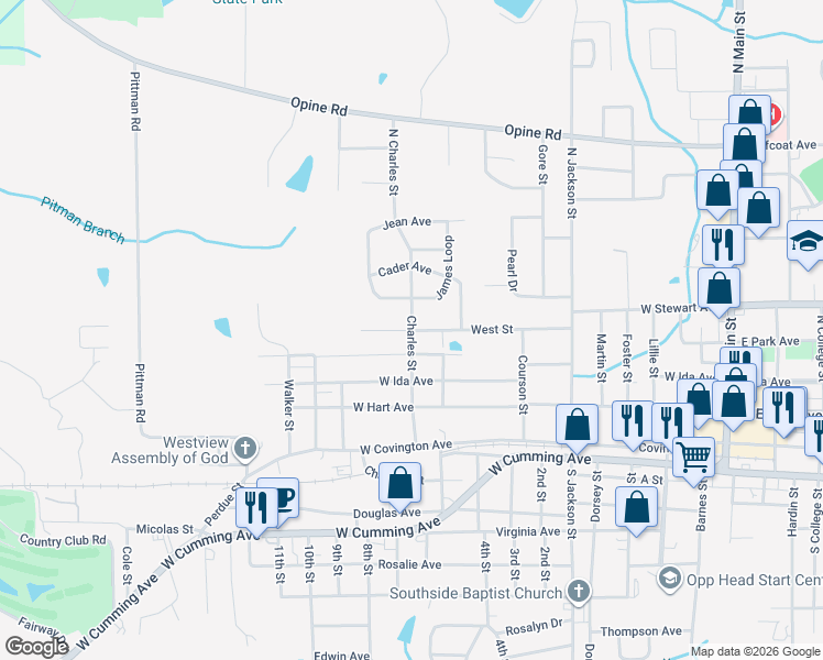 map of restaurants, bars, coffee shops, grocery stores, and more near 400 Charles Street in Opp