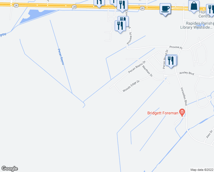 map of restaurants, bars, coffee shops, grocery stores, and more near 164 Pecan Bayou Drive in Alexandria