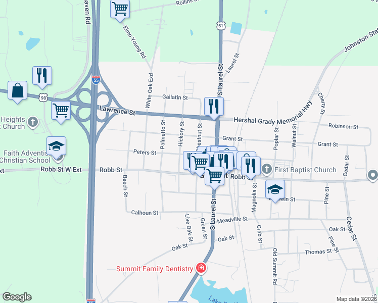 map of restaurants, bars, coffee shops, grocery stores, and more near 608 Peters Street in Summit