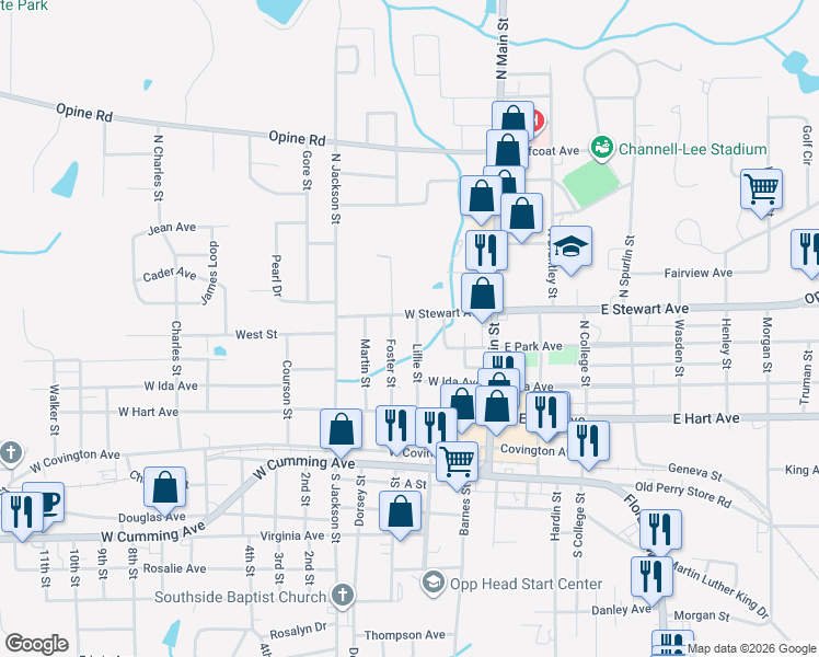 map of restaurants, bars, coffee shops, grocery stores, and more near 117 Lillie Street in Opp
