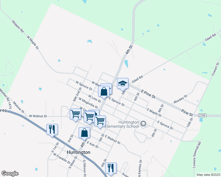 map of restaurants, bars, coffee shops, grocery stores, and more near 906 North Main Street in Huntington