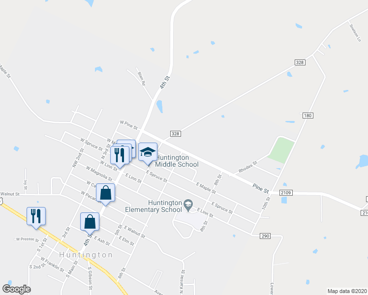 map of restaurants, bars, coffee shops, grocery stores, and more near 219 East Pine Street in Huntington