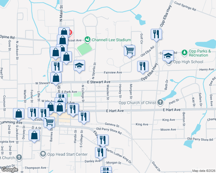 map of restaurants, bars, coffee shops, grocery stores, and more near 355 Wasden St in Opp