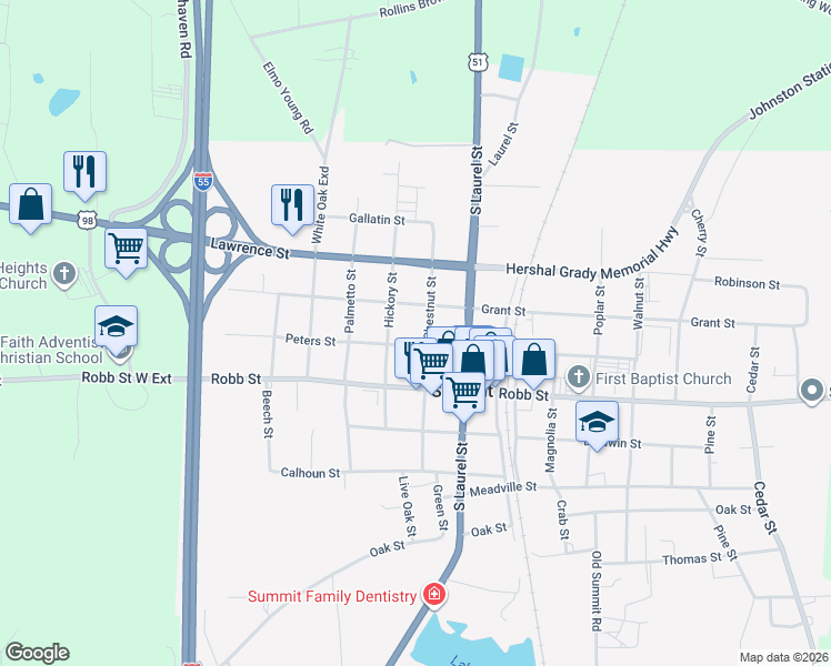 map of restaurants, bars, coffee shops, grocery stores, and more near 608 Peters Street in Summit