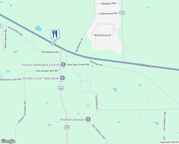 map of restaurants, bars, coffee shops, grocery stores, and more near 500 Pee Wee Smith Road in Lufkin