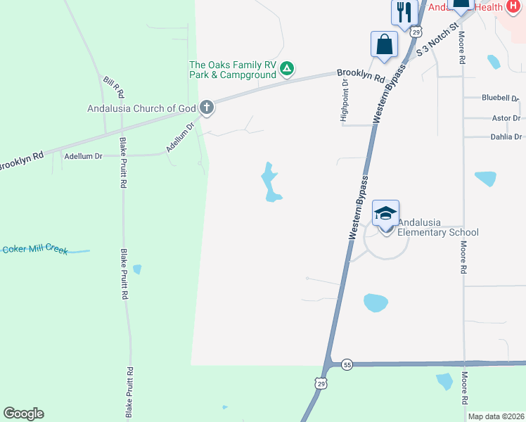 map of restaurants, bars, coffee shops, grocery stores, and more near 1608 Western Bypass in Andalusia