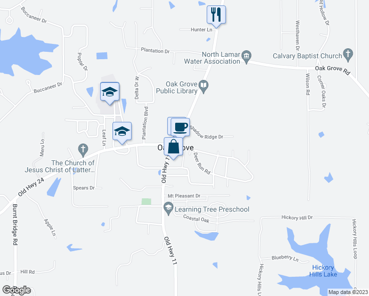 map of restaurants, bars, coffee shops, grocery stores, and more near 13 Deer Run Road in Hattiesburg