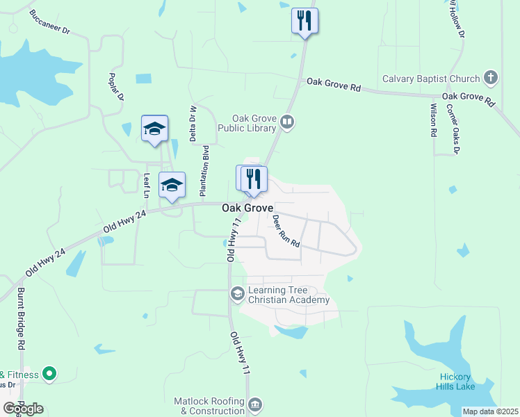 map of restaurants, bars, coffee shops, grocery stores, and more near Oakcrest Drive in Hattiesburg